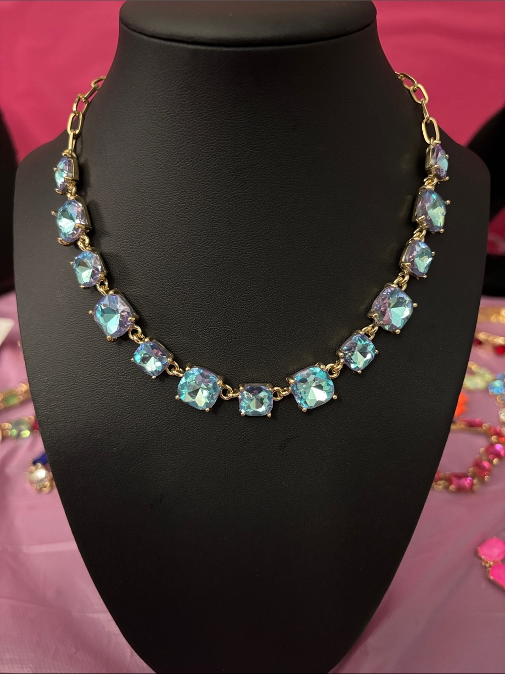 Pastel Blue Cushion Cut Glass Link Rectangle Necklace